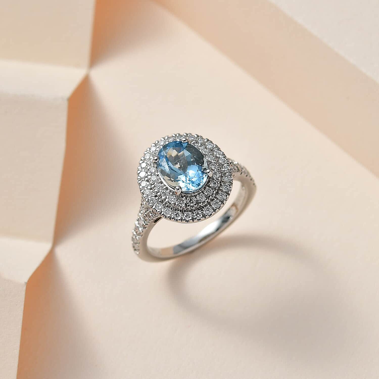 Rhapsody 950 Platinum AAAA Santa Maria Aquamarine and E-F VS Diamond Double Halo Ring (Size 7.5) 5.85 Grams 2.20 ctw