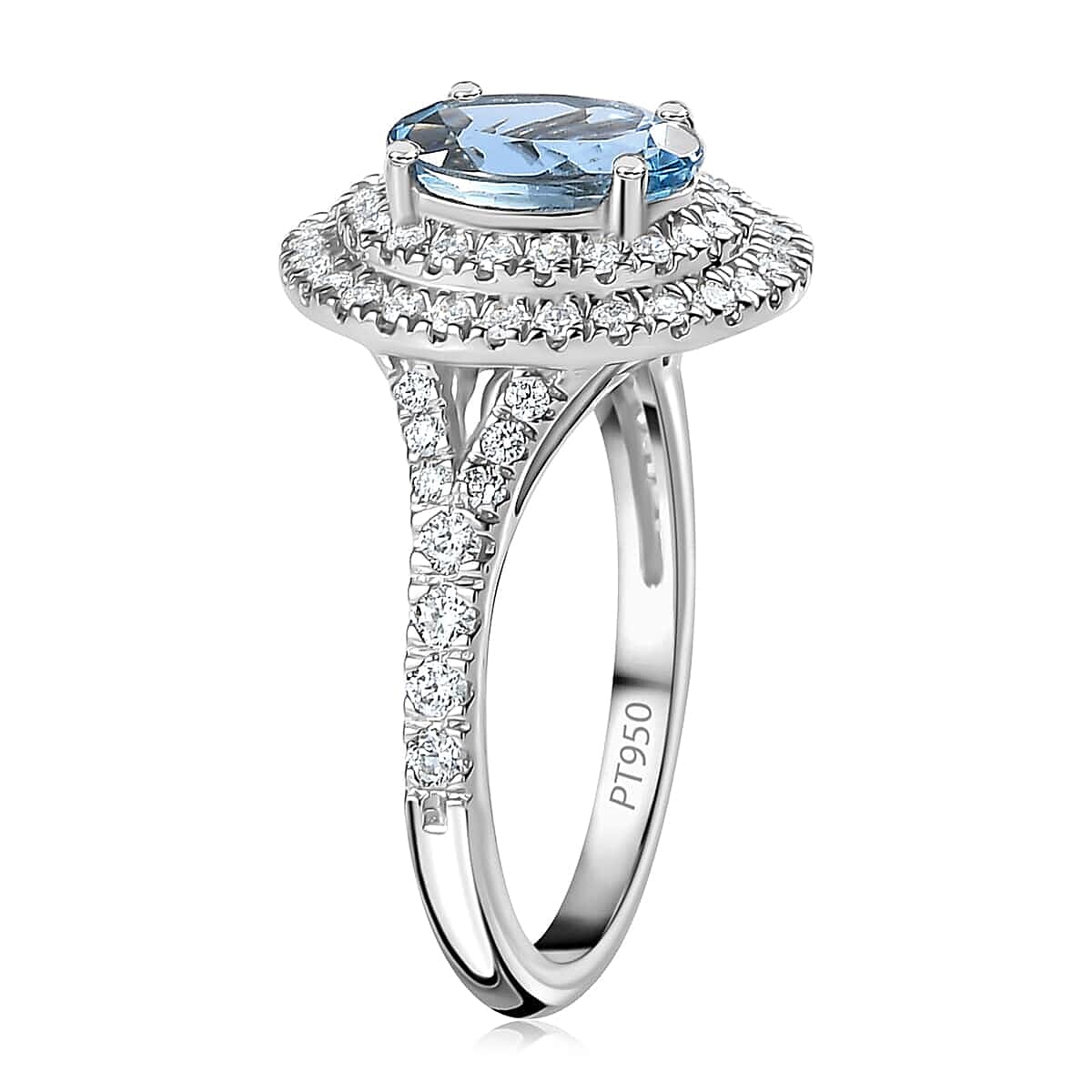 Rhapsody 950 Platinum AAAA Santa Maria Aquamarine and E-F VS Diamond Double Halo Ring (Size 7.5) 5.85 Grams 2.20 ctw