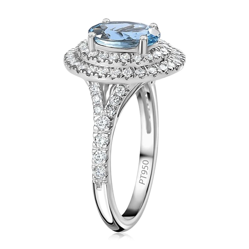 Rhapsody 950 Platinum AAAA Santa Maria Aquamarine and E-F VS Diamond Double Halo Ring (Size 7.5) 5.85 Grams 2.20 ctw