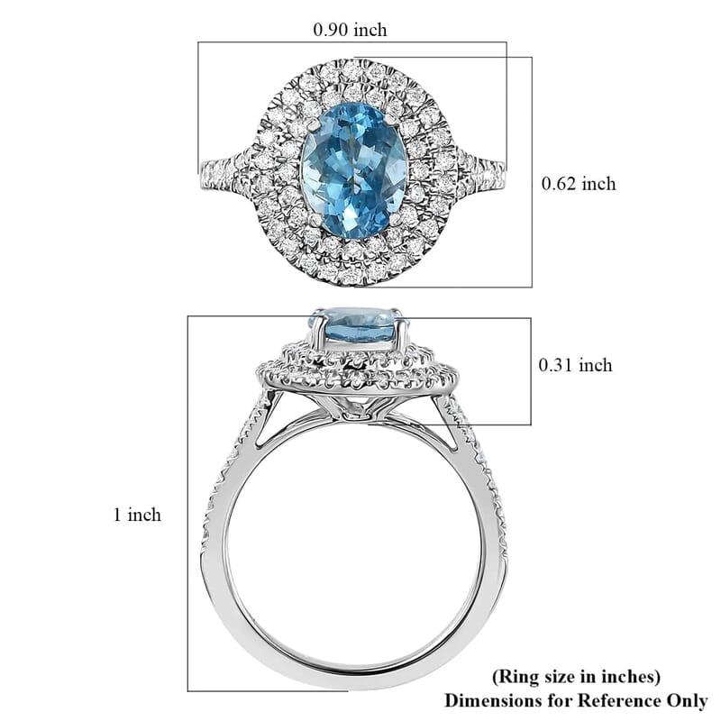 Rhapsody 950 Platinum AAAA Santa Maria Aquamarine and E-F VS Diamond Double Halo Ring (Size 7.5) 5.85 Grams 2.20 ctw