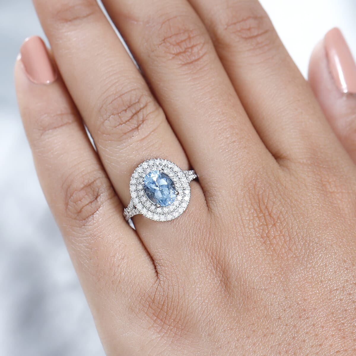 Rhapsody 950 Platinum AAAA Santa Maria Aquamarine and E-F VS Diamond Double Halo Ring (Size 9.0) 5.85 Grams 2.20 ctw image number 2