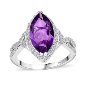 Moroccan Amethyst and White Zircon Criss Cross Ring in Platinum Over Sterling Silver (Size 10.0) 3.25 ctw
