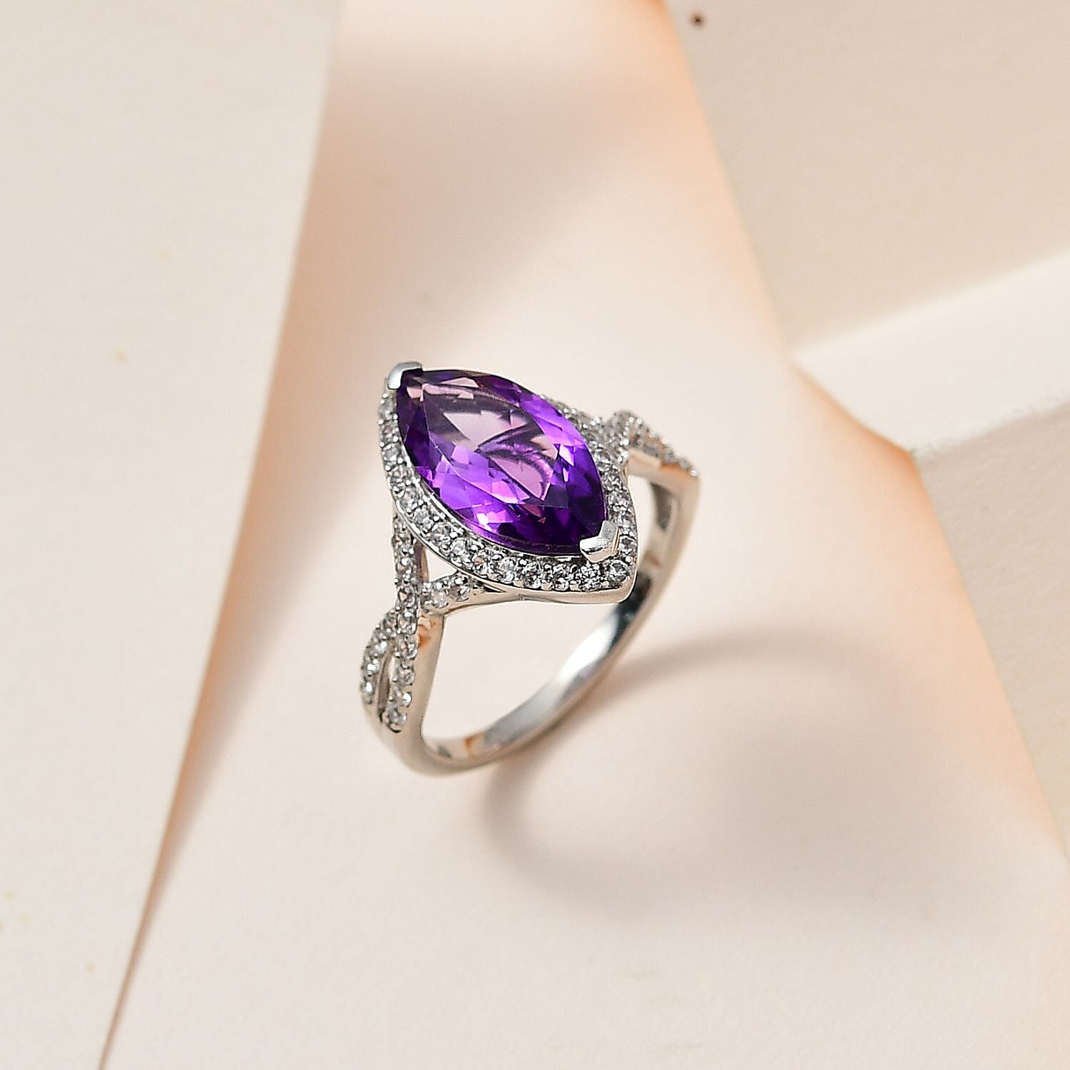 Moroccan Amethyst and White Zircon Criss Cross Ring in Platinum Over Sterling Silver (Size 10.0) 3.25 ctw