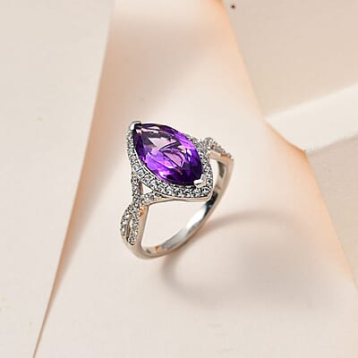 Moroccan Amethyst and White Zircon Criss Cross Ring in Platinum Over Sterling Silver (Size 10.0) 3.25 ctw
