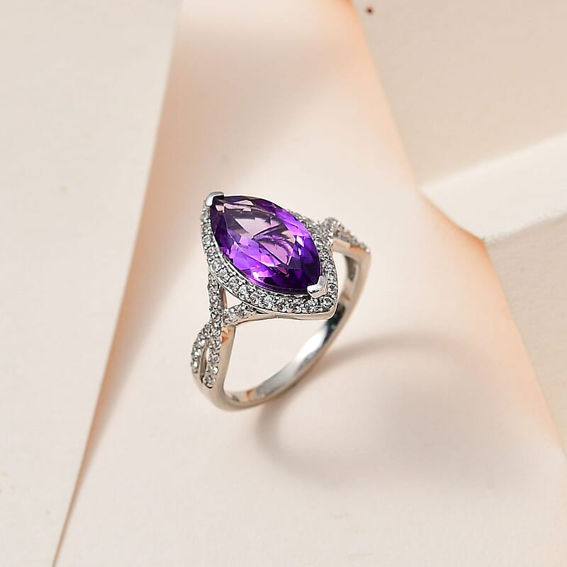 Moroccan Amethyst and White Zircon Criss Cross Ring in Platinum Over Sterling Silver (Size 10.0) 3.25 ctw