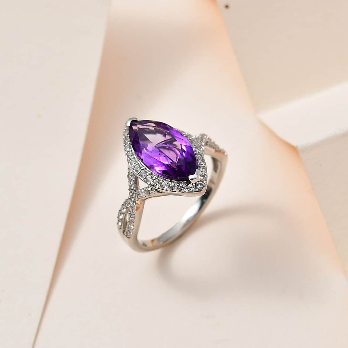 Moroccan Amethyst and White Zircon Criss Cross Ring in Platinum Over Sterling Silver (Size 10.0) 3.25 ctw image number 1
