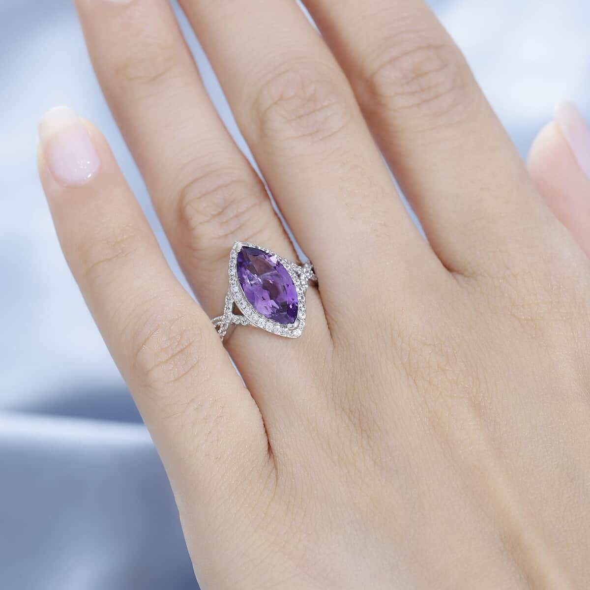 Moroccan Amethyst and White Zircon Criss Cross Ring in Platinum Over Sterling Silver (Size 10.0) 3.25 ctw image number 2