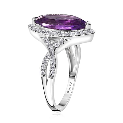 Moroccan Amethyst and White Zircon Criss Cross Ring in Platinum Over Sterling Silver (Size 10.0) 3.25 ctw