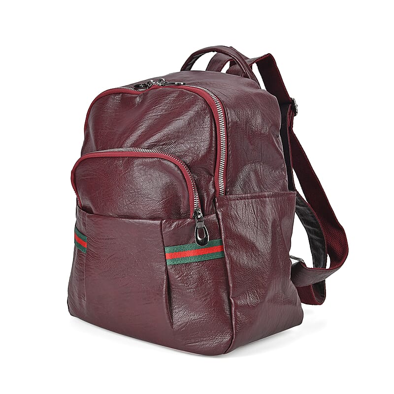 Burgundy Faux Leather Multi Pocket Backpack