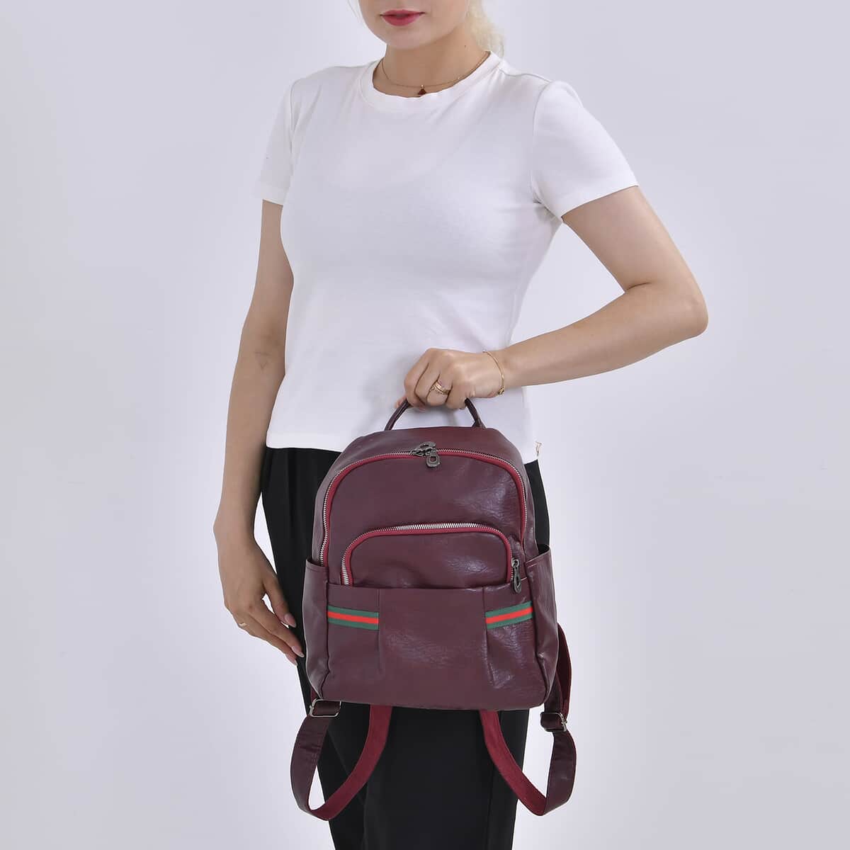 Burgundy Faux Leather Multi Pocket Backpack (10"x5"x13.4") image number 1