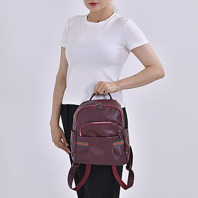Burgundy Faux Leather Multi Pocket Backpack