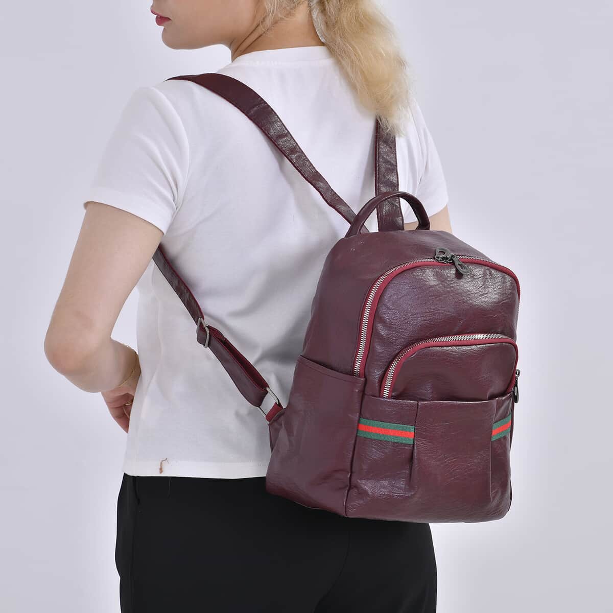 Burgundy Faux Leather Multi Pocket Backpack (10"x5"x13.4") image number 2