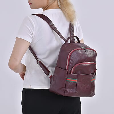 Burgundy Faux Leather Multi Pocket Backpack