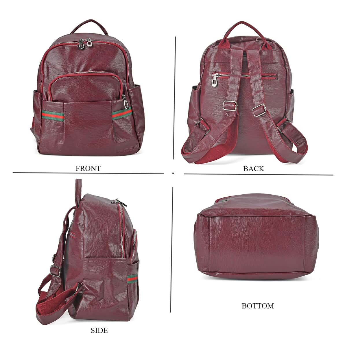 Burgundy Faux Leather Multi Pocket Backpack (10"x5"x13.4") image number 3