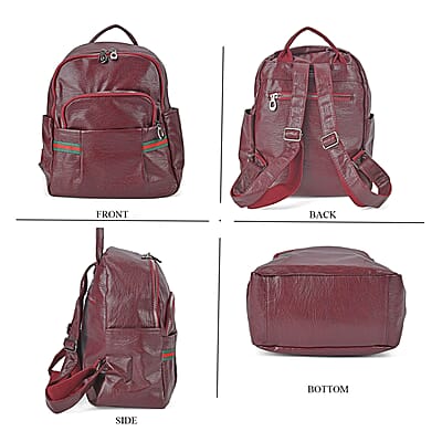 Burgundy Faux Leather Multi Pocket Backpack