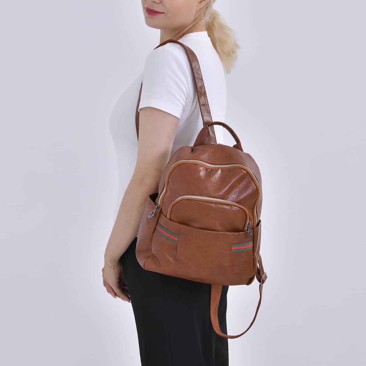 Brown Faux Leather Multi Pocket Backpack image number 1