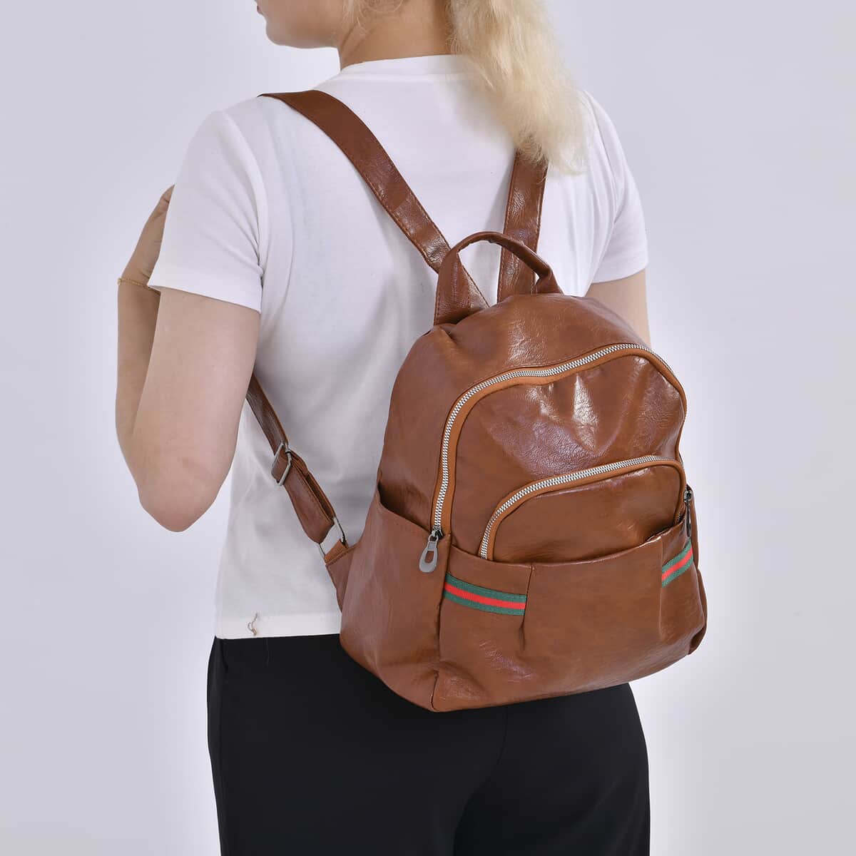 Brown Faux Leather Multi Pocket Backpack image number 2