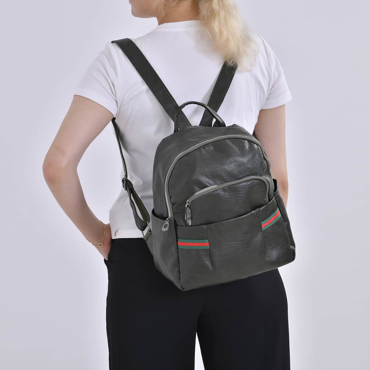 Green Faux Leather Multi Pocket Backpack image number 2