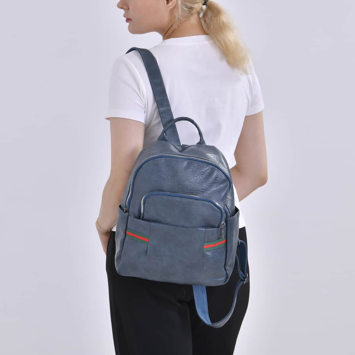 Blue Faux Leather Multi Pocket Backpack image number 1