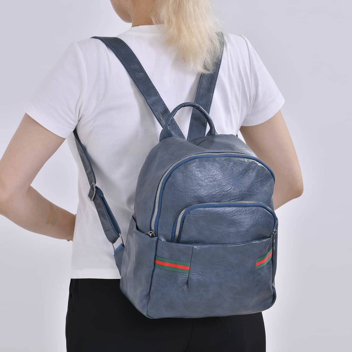 Blue Faux Leather Multi Pocket Backpack image number 2