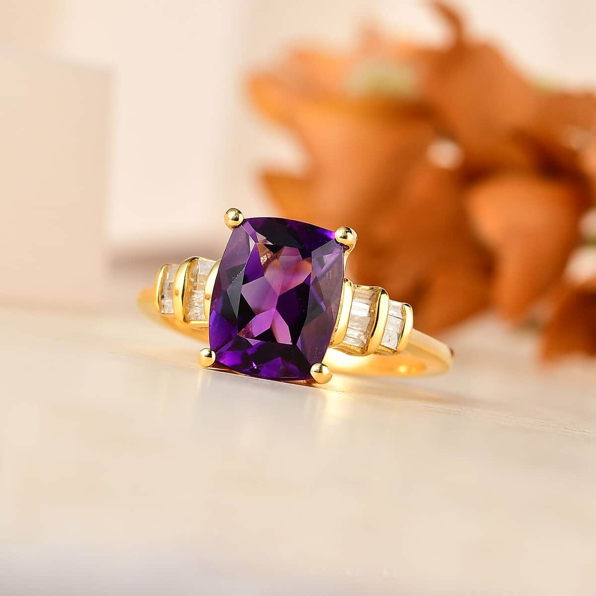 Premium Moroccan Amethyst and White Diamond Ring in Vermeil Yellow Gold Over Sterling Silver (Size 10.0) 3.10 ctw image number 1