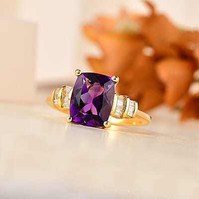 Moroccan Amethyst and White Diamond Ring in Vermeil Yellow Gold Over Sterling Silver (Size 10.0) 3.10 ctw