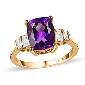 Moroccan Amethyst and White Diamond Ring in Vermeil Yellow Gold Over Sterling Silver (Size 7.0) 3.10 ctw