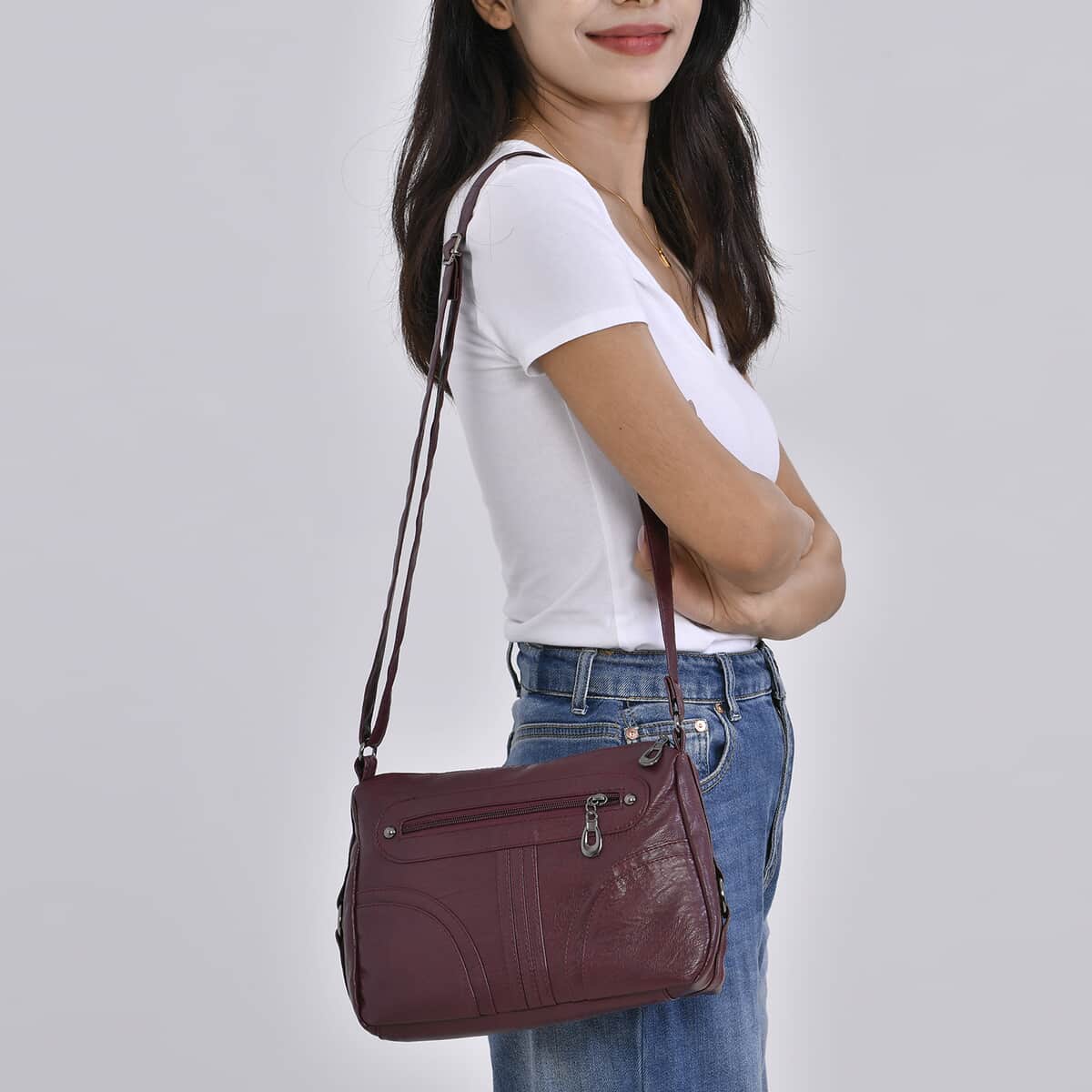 Burgundy Faux Leather Crossbody Bag (10.6"x3.5"x8.3") with Shoulder Strap (51") image number 2