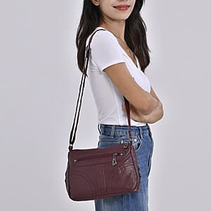 Burgundy Faux Leather Crossbody Bag with Shoulder Strap