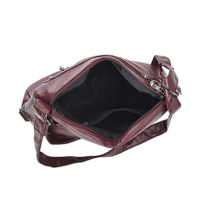 Burgundy Faux Leather Crossbody Bag with Shoulder Strap