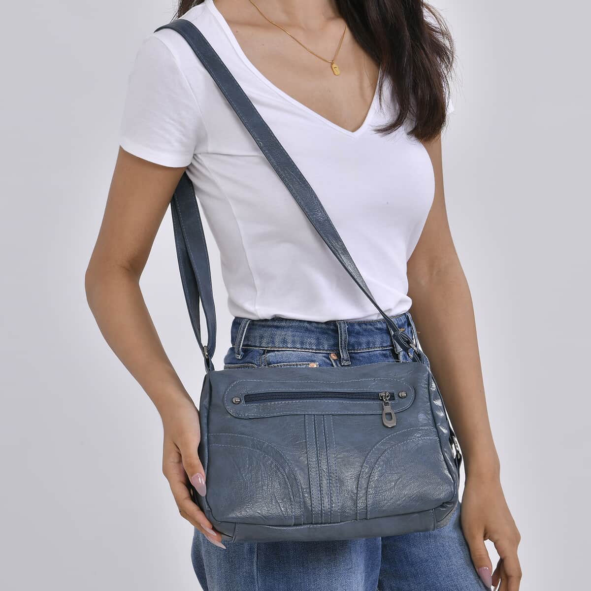 Blue Faux Leather Crossbody Bag with Shoulder Strap image number 2