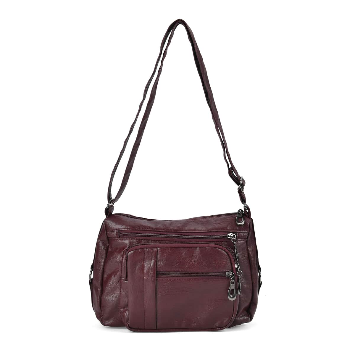 Burgundy Faux Leather Multi Pocket Crossbody Bag with Adjustable Shoulder Strap image number 0