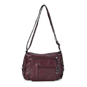 Burgundy Faux Leather Multi Pocket Crossbody Bag with Adjustable Shoulder Strap