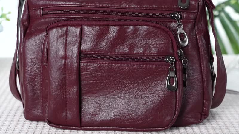 Burgundy Faux Leather Multi Pocket Crossbody Bag (10"x3.5"x7.9") with Adjustable Shoulder Strap (51")