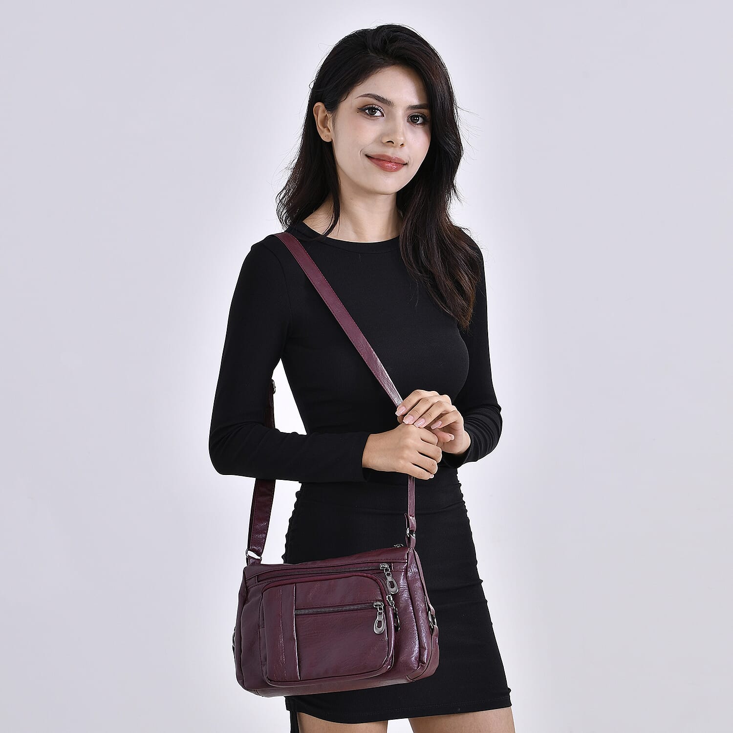 Burgundy Faux Leather Multi Pocket Crossbody Bag with Adjustable Shoulder Strap