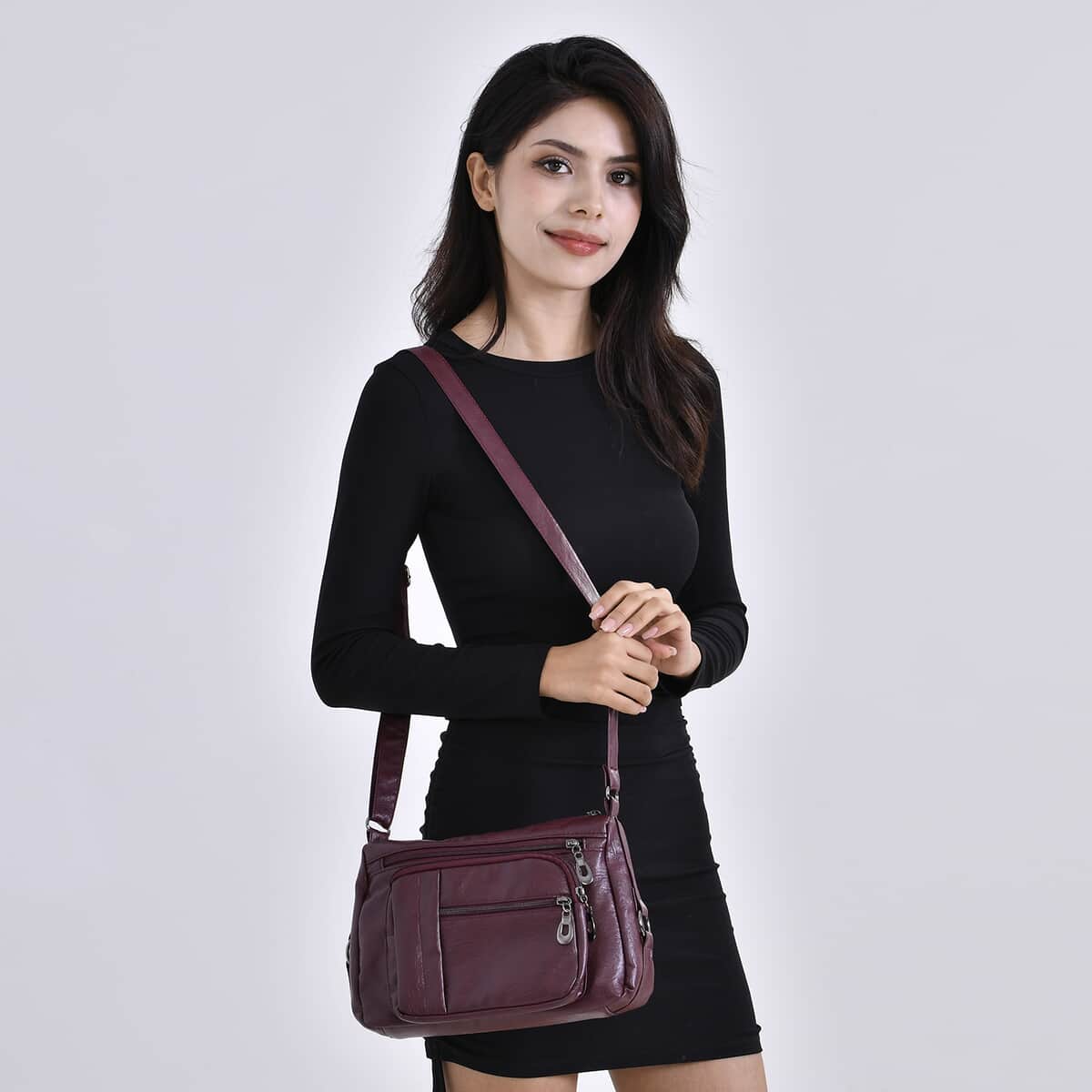 Burgundy Faux Leather Multi Pocket Crossbody Bag with Adjustable Shoulder Strap image number 1