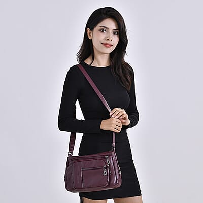 Burgundy Faux Leather Multi Pocket Crossbody Bag with Adjustable Shoulder Strap