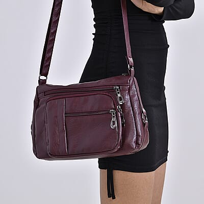 Burgundy Faux Leather Multi Pocket Crossbody Bag with Adjustable Shoulder Strap