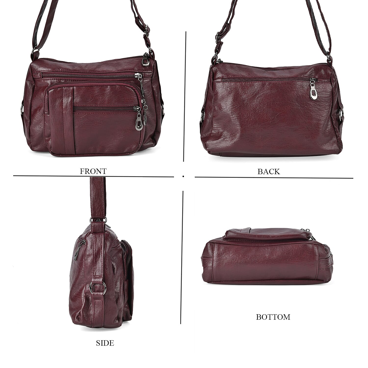 Burgundy Faux Leather Multi Pocket Crossbody Bag with Adjustable Shoulder Strap