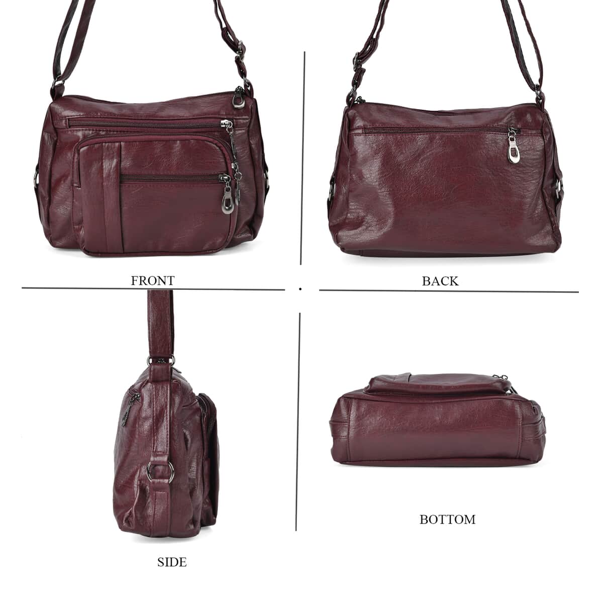 Burgundy Faux Leather Multi Pocket Crossbody Bag with Adjustable Shoulder Strap image number 3