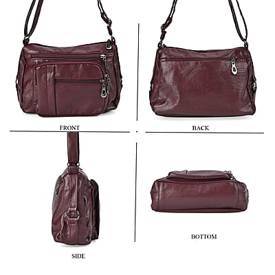 Burgundy Faux Leather Multi Pocket Crossbody Bag with Adjustable Shoulder Strap