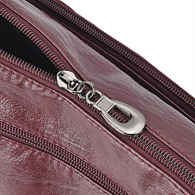 Burgundy Faux Leather Multi Pocket Crossbody Bag with Adjustable Shoulder Strap