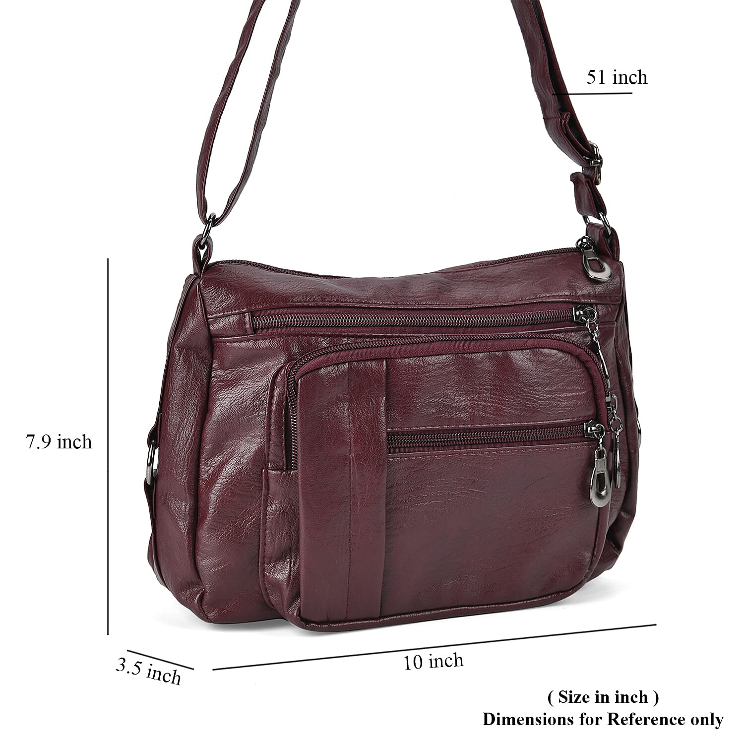 Burgundy Faux Leather Multi Pocket Crossbody Bag with Adjustable Shoulder Strap