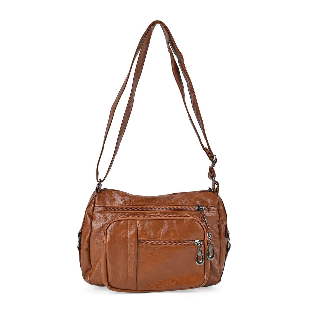 Brown Faux Leather Multi Pocket Crossbody Bag with Adjustable Shoulder Strap image number 0