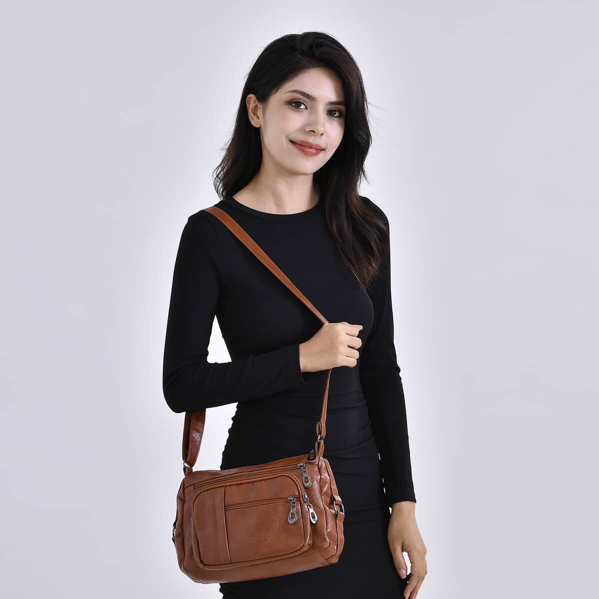 Brown Faux Leather Multi Pocket Crossbody Bag with Adjustable Shoulder Strap image number 1