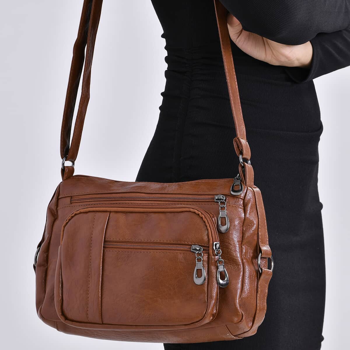 Brown Faux Leather Multi Pocket Crossbody Bag with Adjustable Shoulder Strap image number 2