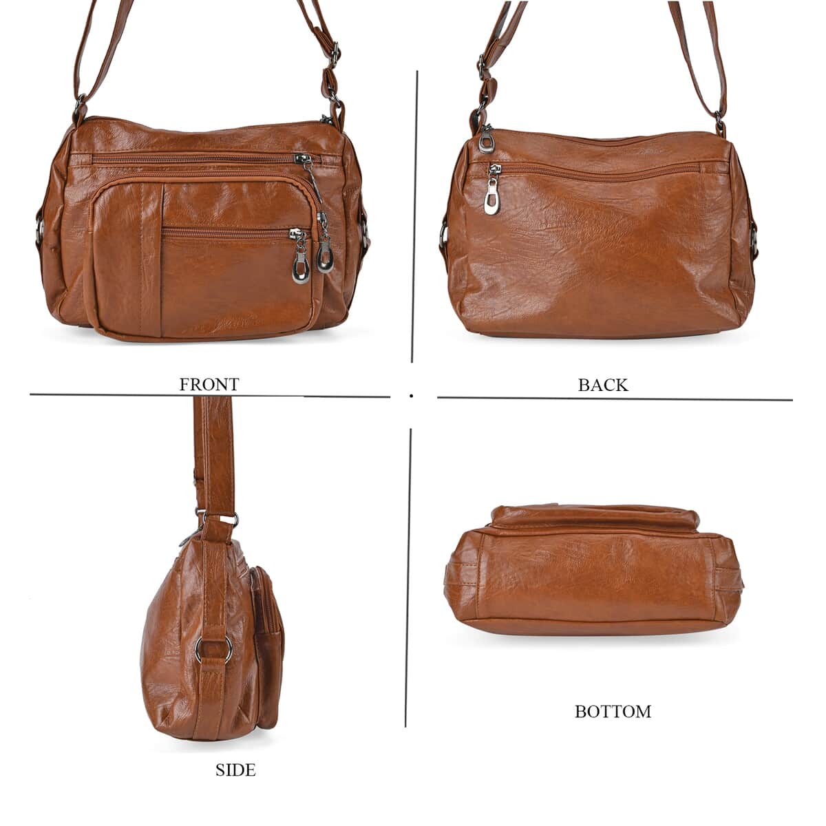 Brown Faux Leather Multi Pocket Crossbody Bag with Adjustable Shoulder Strap image number 3