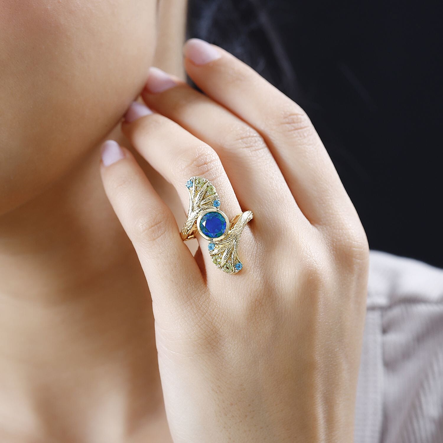 GP Peacock Triplet Quartz and Peridot 2.85 ctw Fancy Ring in Vermeil Yellow Gold Over Sterling Silver (Size 8.0) (8.64 g)