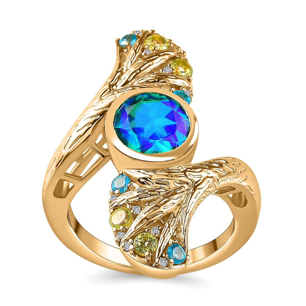GP Peacock Triplet Quartz and Peridot 2.85 ctw Fancy Ring in Vermeil Yellow Gold Over Sterling Silver (Size 8.0) (8.64 g)