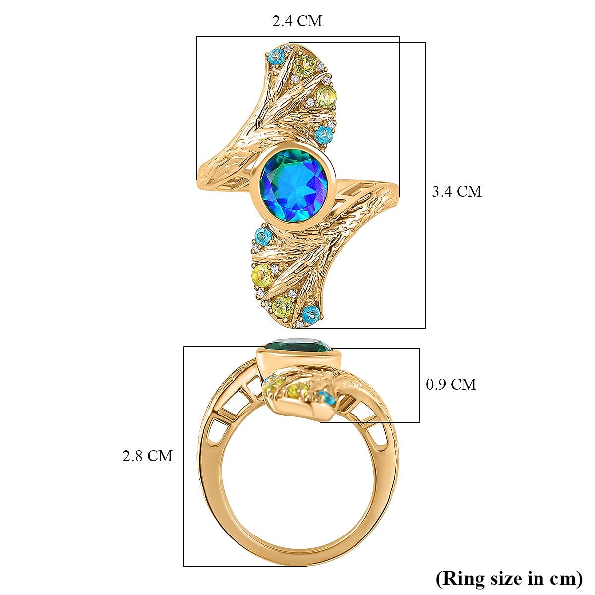 GP Peacock Triplet Quartz and Peridot 2.85 ctw Fancy Ring in Vermeil Yellow Gold Over Sterling Silver (Size 8.0) (8.64 g)